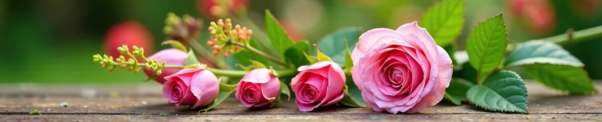 Obraz premium A beautifully arranged bouquet of pink rose buds on a wooden table in a summer garden, summer blooms, floral arrangement, foliage
