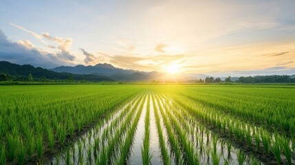 Serene Rice Field Landscape at Sunset with Vibrant Green Plants and Mountain Backdrop Illuminated by Golden Sunlight in Tranquil Rural Setting