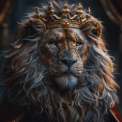 Naklejka premium Majestic lion, crowned in gold, exudes power and regality. A symbol of strength and leadership.