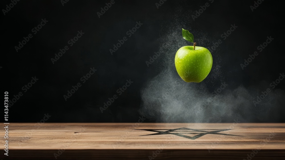Poster a fresh green apple floating above a rustic wooden surface surrounded by soft smoke and a subtle sha