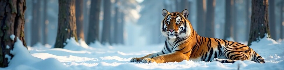 Fototapeta premium A Bengal tiger resting on the ground in the snowy forest with trees, wildlife, forest, tree