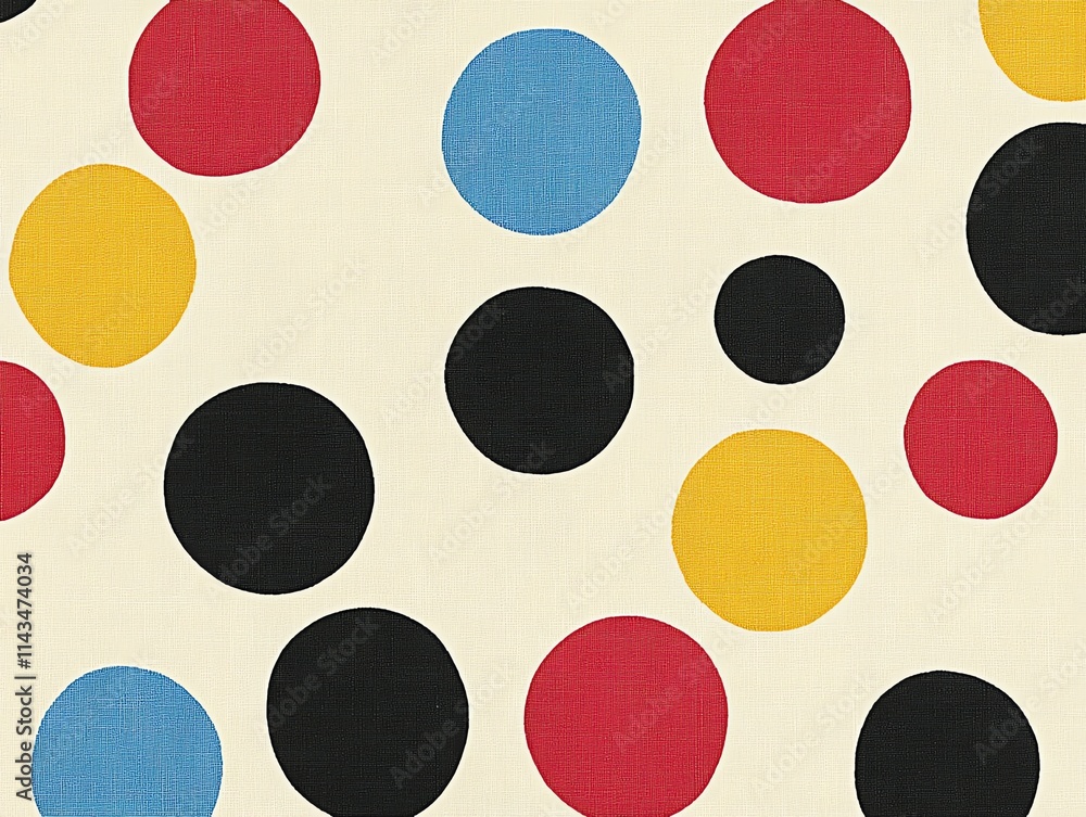 Poster a patterned fabric featuring colorful circles on a light background.