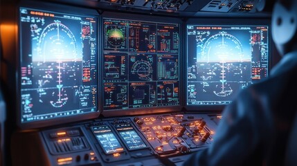 Futuristic Flight Simulator Cockpit with Illuminated Screens for Pilot Training and Realistic Aviation Experience