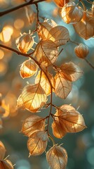 Glowing autumn leaves in shades of orange red and golden hues create a soft ethereal scene with a blurred bokeh background as the sun sets casting a warm serene glow over the natural landscape