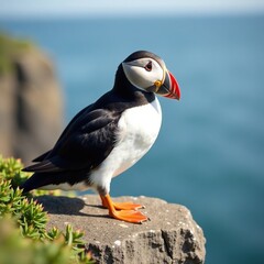 Naklejka premium An Atlantic Puffin perched on a rocky outcropping with its beak pointed downwards, Atlantic Puffin, oceanic