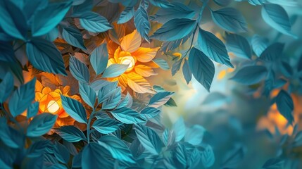 Fototapeta premium Vibrant autumnal foliage in soft focus natural backdrop with lush green and orange leaves blurring together to create a captivating ethereal and enchanting scene