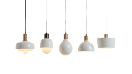 Set of different modern hanging lamps on white background.