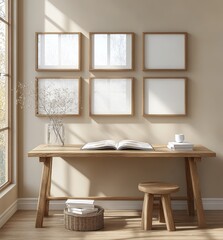 Minimalist Wooden Table with Book and Magazine in Scandinavian Living Room Interior
