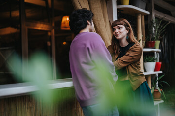 A young woman and man engage in a warm conversation indoors, surrounded by plants and a cozy atmosphere. Their expressions convey connection and understanding.