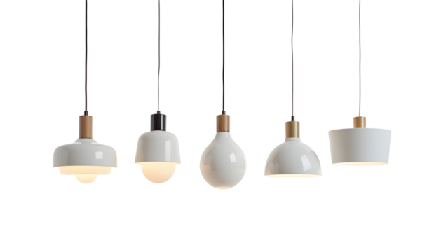 Set of different modern hanging lamps on white background.