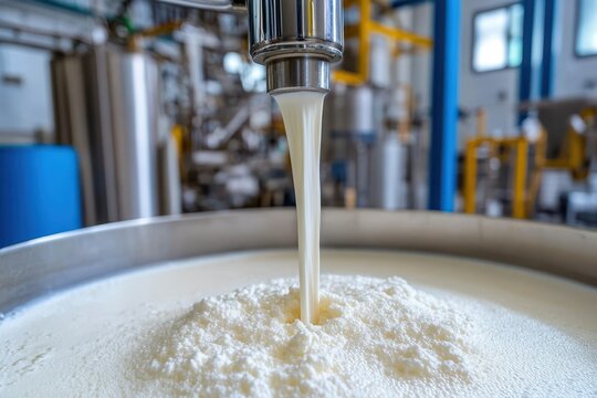 Milk pouring into a vat at a dairy processing plant with industrial equipment in the background.