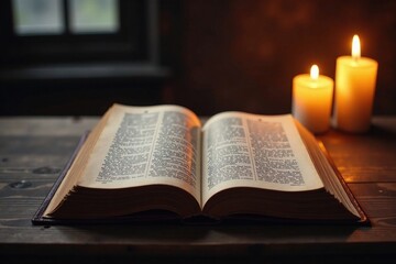 Ancient Tome Opened on Wooden Altar with Soft Glow, mystical aura, open pages, candlelight