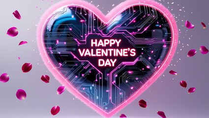 A futuristic holographic heart filled with virtual network imagery, glowing with internet currents, electricity, and red oil. "Happy Valentine's Day" in neon red text is at the heart’s center