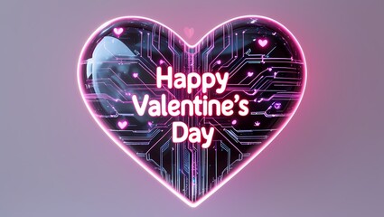 A futuristic holographic heart filled with virtual network imagery, glowing with internet currents, electricity, and red oil. "Happy Valentine's Day" in neon red text is at the heart’s center