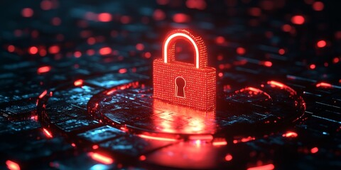 A vivid digital lock symbolizing security in a cyber environment surrounded by glowing data streams.