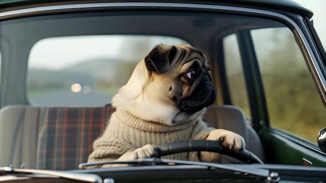 Funny pug dog sitting in driver seat, paws on steering wheel. Funny pet, pug dog driver. Animal in car, driving down the road. Looking around in a new area, in a new place. Afraid of getting lost