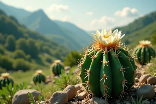 An espostoa cactus with delicate white flowers in the background of a green landscape, , nature