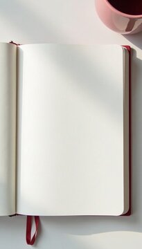 A blank page in a blank notebook on a minimalist desk background, notebook, elegance