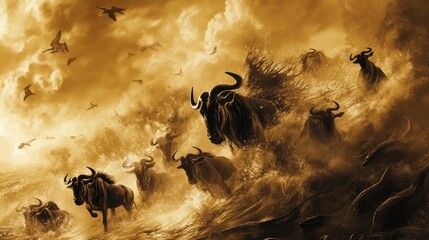 Fototapeta premium A dramatic scene of wildebeest crossing the Mara River in Serengeti National Park during the Great Migration.