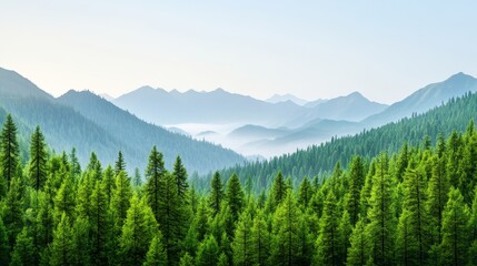 Fototapeta premium Serene Landscape of Lush Evergreen Forests and Majestic Mountains in Tranquil Wilderness Under Soft Blue Sky and Gentle Morning Light