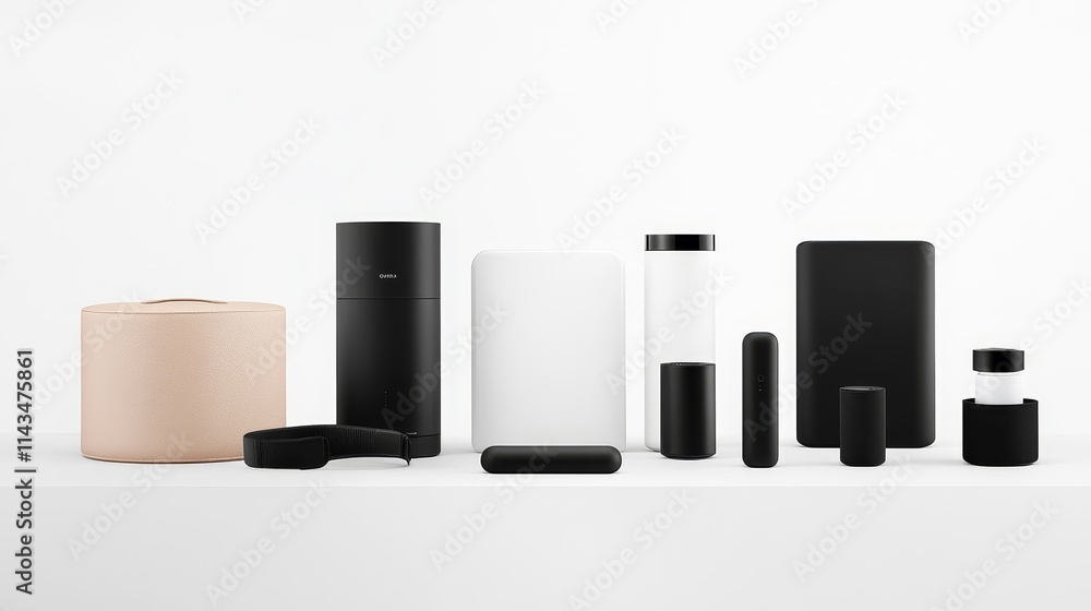 Poster minimalist arrangement of black and white modern objects on a clean surface with soft lighting for s