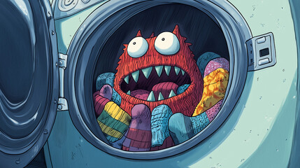 Illustration - Sock Monster - socks disappear into a monster's mouth in the laundry machine, explaining the mystery of lost socks
