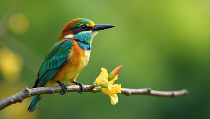 Obraz premium A blue bearded bee eater perched on a thin branch with flowers, bird species, bird, winged animal