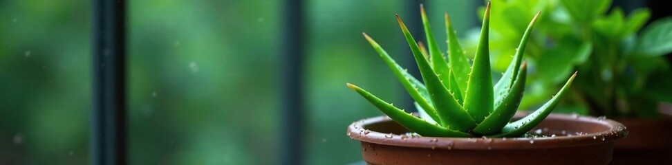 An unattended aloe vera plant pot in the rain with water droplets clinging to its surface, condensation, potted plant