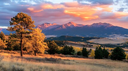 Fototapeta premium The last rays of sunlight filter through the mountain range during golden hour, illuminating the landscape in a stunning palette of gold, orange, and pink 