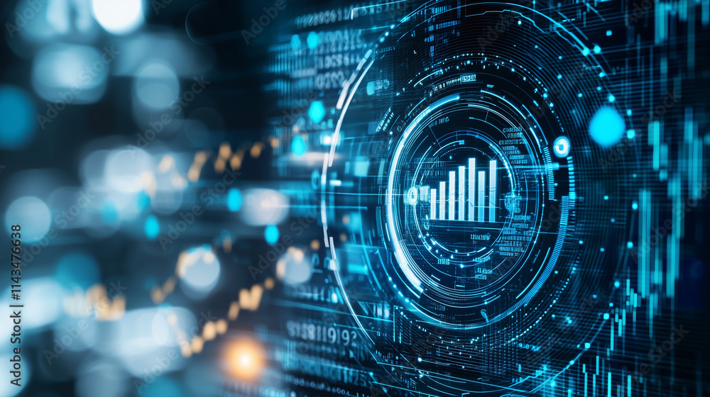 Aufkleber data driven growth: abstract digital background with glowing blue and orange circles and a bar graph