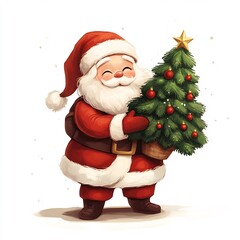 Smiling Santa Claus Carrying A Small Christmas Tree On His Shoulder In Cartoon Style