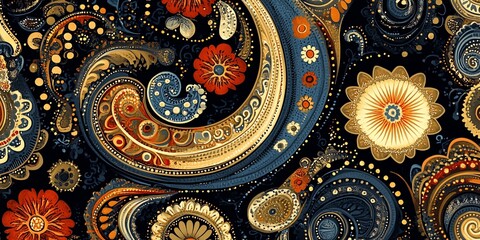 A vibrant paisley pattern featuring floral elements in rich colors on a dark background.