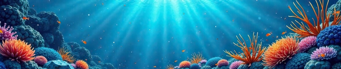 Fototapeta premium Abstract blue background with flowing seaweed and oceanic creatures, oceanic creatures, underwater world