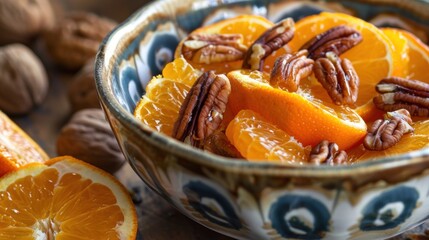 Bowl filled with oranges and pecans, AI generated image