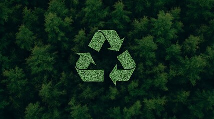 environment impact  ecosystem  recyclingcarbon global warming concept. Recycling symbol over a lush green forest canopy.