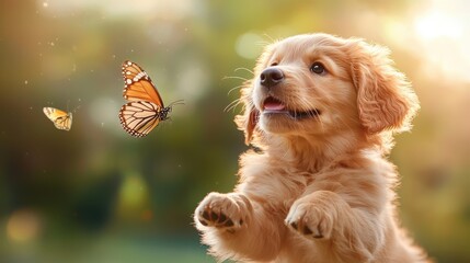 Whimsical golden retriever puppy leaps for butterfly in garden