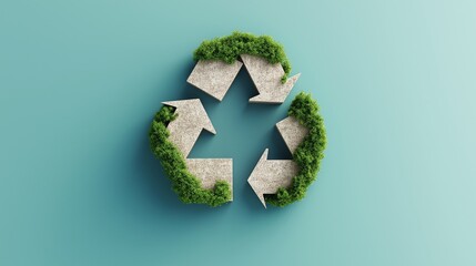 environment impact  ecosystem  recyclingcarbon global warming concept. Recycling symbol adorned with greenery on a teal background.