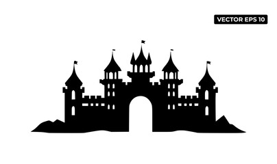 Silhouette of a castle with towers and flags, ideal for graphic design or illustration use.