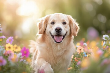 Joyful golden retriever running through a bright colorful field