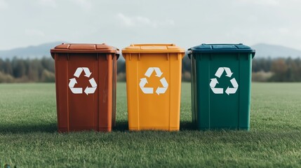 environment impact  ecosystem  recyclingcarbon global warming concept. Three recycling bins in a field with mountains in the background.