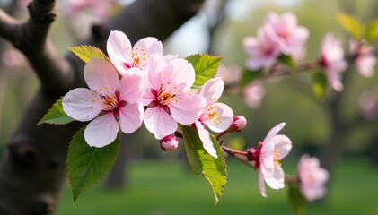 Obraz premium A whimsical bouquet of pale pink cherry blossoms and white forsythia on a branch of a gnarled apple tree, cherry blossom, rustic charm