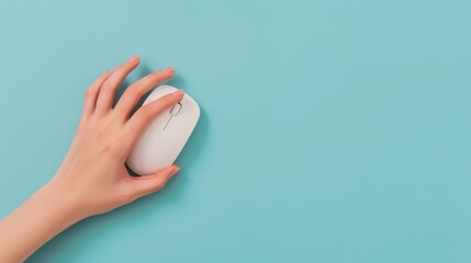 Hand view with white computer mouse on light blue background