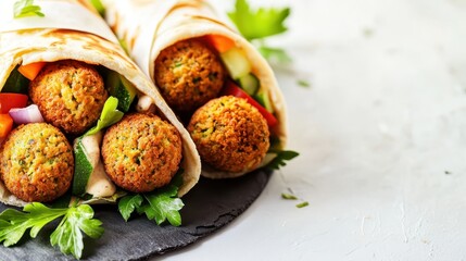 A colorful falafel wrap with space on the right side for text, featuring crispy falafel balls, fresh vegetables, and creamy tahini sauce wrapped in a warm pita. The vibrant colors and appetizing 