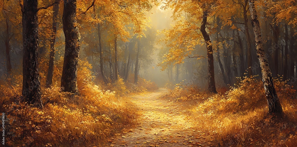 Aufkleber a serene autumn forest path illuminated by soft, warm light, inviting exploration and tranquility.