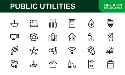 Public Utilities Icon Pack. Clean, Editable Line Icons for Energy, Water Supply, Waste Management, and Urban Infrastructure