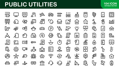 Public Utilities Icon Pack. Clean, Editable Line Icons for Energy, Water Supply, Waste Management, and Urban Infrastructure