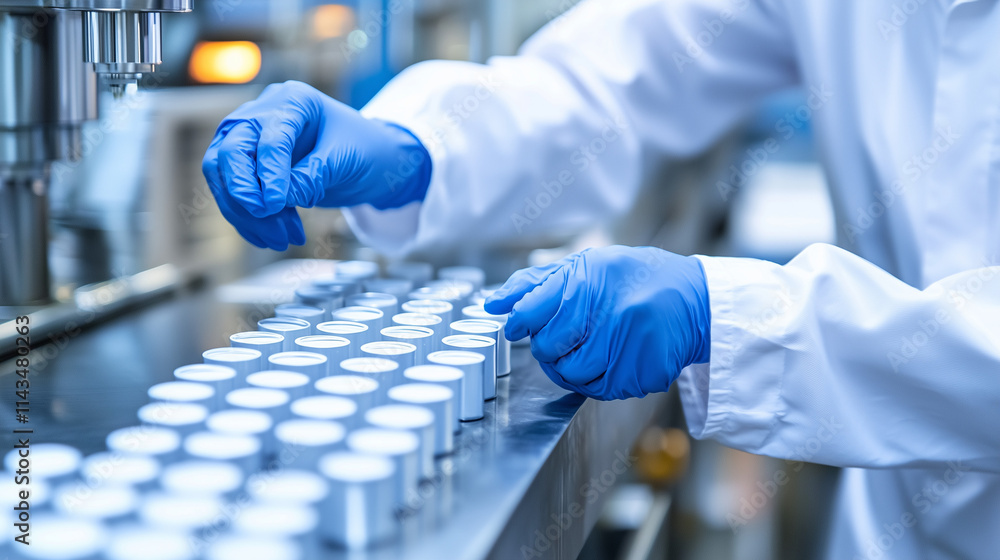 Poster precision and quality control: a gloved hand carefully inspects rows of gleaming containers on a pro