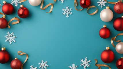 Christmas decoration concept, Festive holiday decorations featuring red and white ornaments, gold ribbons, and snowflakes on a vibrant blue background.