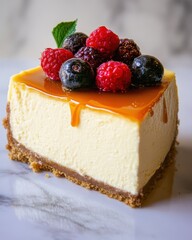 A delectable cheesecake with space on the right side for text, featuring a rich and creamy slice topped with fresh berries and a drizzle of caramel sauce. The elegant presentation and inviting 