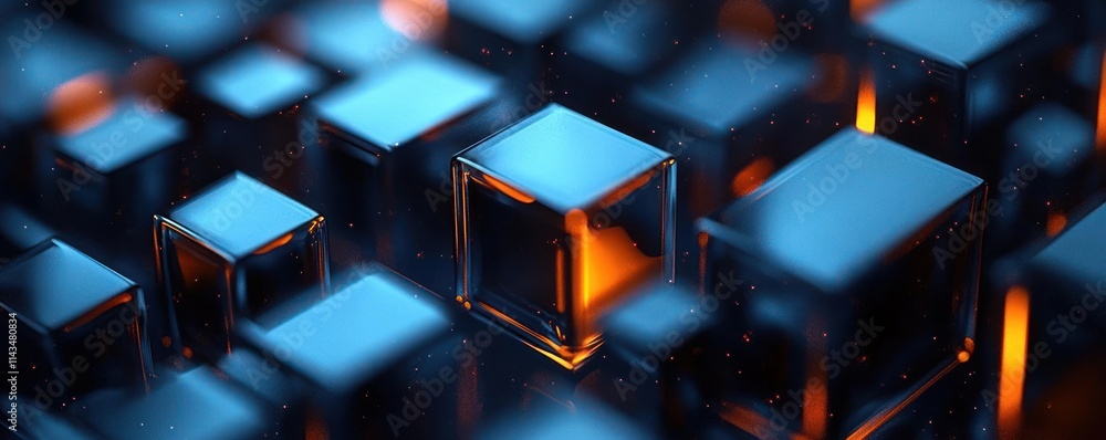 Poster futuristic abstract background with metallic cubes in blue and orange lighting for technology and da